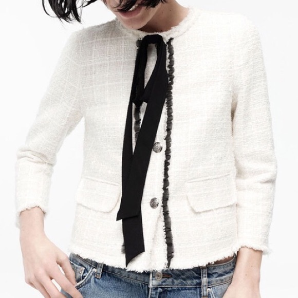 Zara Off White Tweed Blazer with Bow - Picture 2 of 5